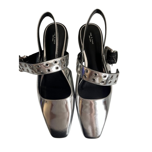 Rag Bone Astra Silver Slingback Pointed Toe Buckle Flats Shoes Women 8.5 - Picture 3 of 6